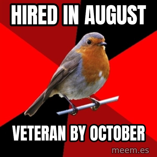 Retail Robin meme: HIRED IN AUGUST / VETERAN BY OCTOBER