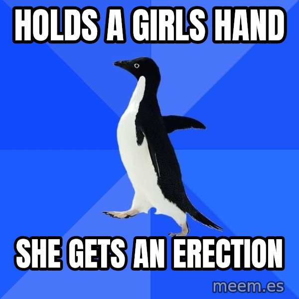 Socially Awkward Penguin meme: holds a girls hand / she gets an erection