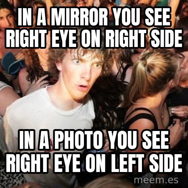 Sudden Realization Ralph meme: in a mirror you see right eye on right side / in a photo you see right eye on left side