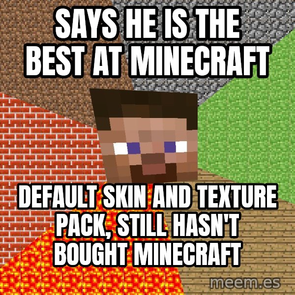 Minecraft Guy meme: Says he is the best at minecraft / Default skin and texture pack, still hasn't bought minecraft