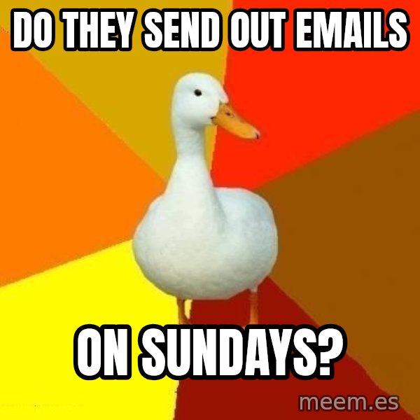 Technologically Impaired Duck meme: Do they send out emails / on sundays?
