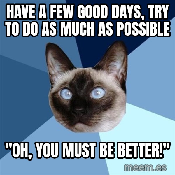 Chronic Illness Cat meme: Have a few good days, try to do as much as possible / "Oh, you must be better!"