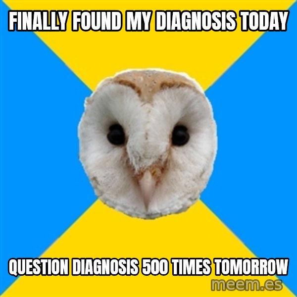 Bipolar Owl meme: Finally found my diagnosis today / question diagnosis 500 times tomorrow