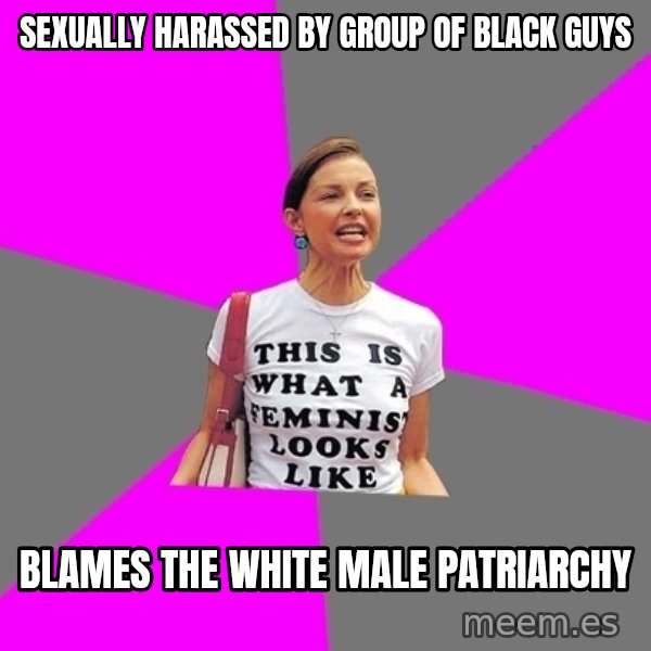 Feminist Cunt meme: Sexually harassed by group of black guys / blames the white male patriarchy