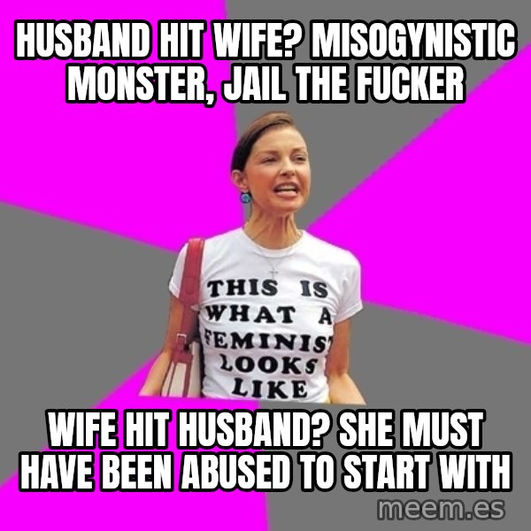 Feminist Cunt meme: husband hit wife? misogynistic monster, jail the fucker / Wife hit husband? She must have been abused to start with