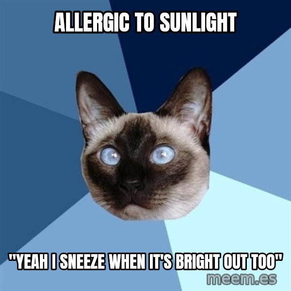 Chronic Illness Cat meme: Allergic to sunlight / "yeah i sneeze when it's bright out too"