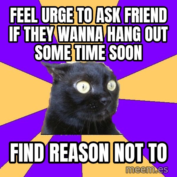 Anxiety Cat meme: feel urge to ask friend if they wanna hang out some time soon / find reason not to