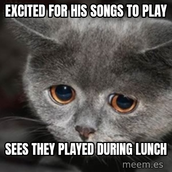 Sadcat meme: Excited for his songs to play / sees they played during lunch