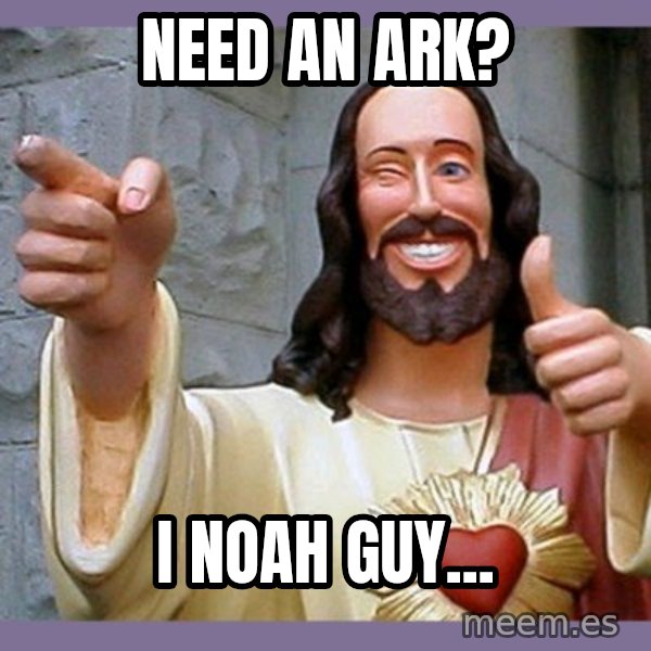 buddy jesus meme: NEED AN ARK? / I NOAH GUY...