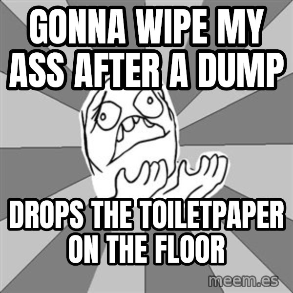 Whyyy??? meme: gonna wipe my ass after a dump / drops the toiletpaper on the floor