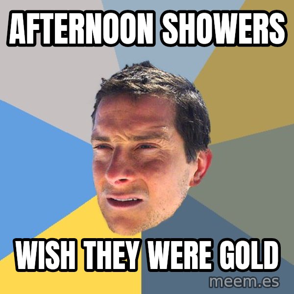 Bear Grylls meme: afternoon showers / wish they were gold