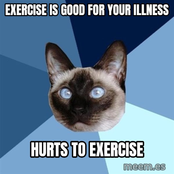 Chronic Illness Cat meme: EXERCISE is good for your illness / hurts to EXERCISE