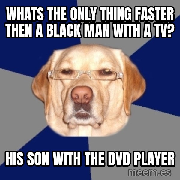 Racist Dawg meme: WHATS THE ONLY THING FASTER THEN A BLACK MAN WITH A TV? / HIS SON WITH THE DVD PLAYER