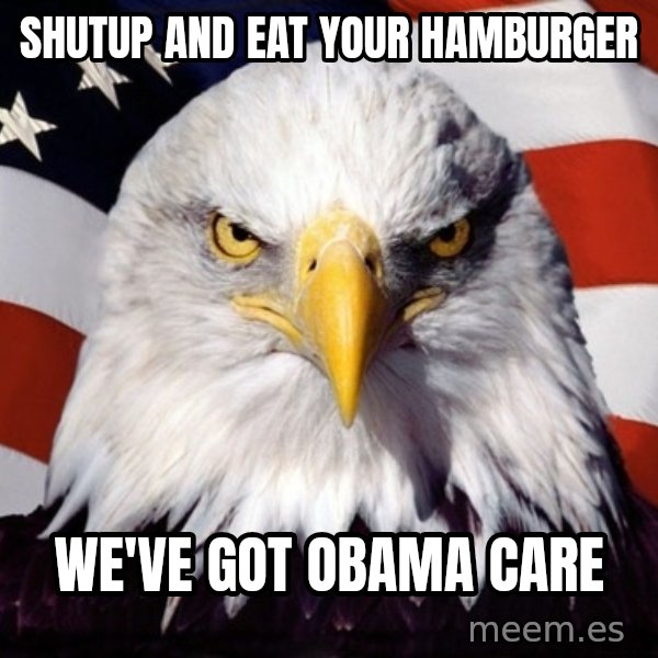 American Pride Eagle meme: Shutup and eat your hamburger / We've got obama care