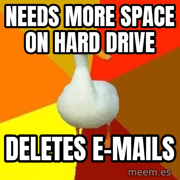 Technologically Impaired Duck meme: Needs more space on hard drive / deletes e-mails