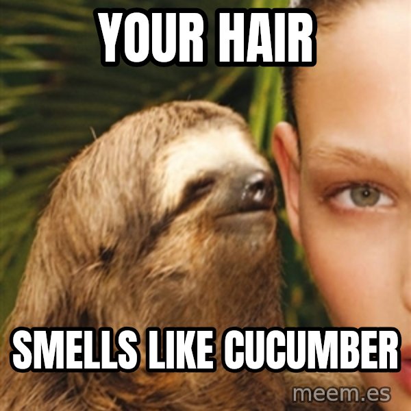 The Rape Sloth meme: your hair / smells like cucumber