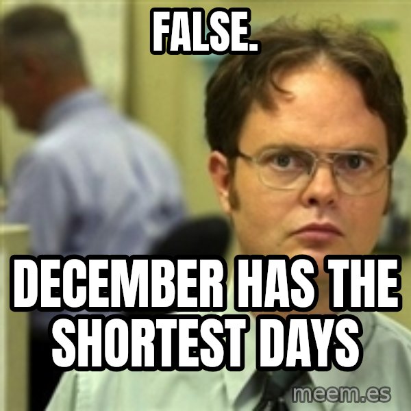 Dwight Schrute meme: False. / December has the Shortest Days