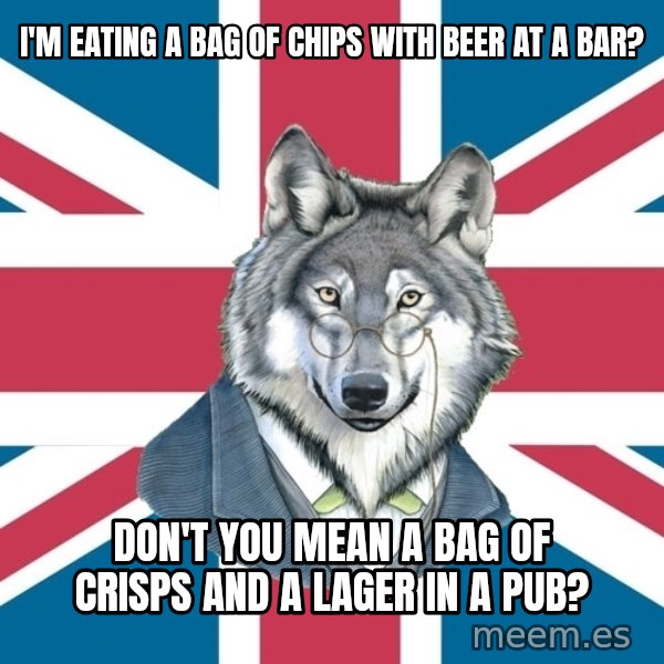 Sir Courage Wolf Esquire meme: i'm eating a bag of chips with beer at a bar? / don't you mean a bag of CRISPS and a lager in a  pub?