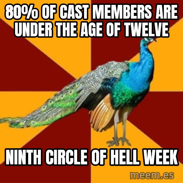 Thespian Peacock meme: 80% of cast members are under the age of twelve / Ninth circle of hell week