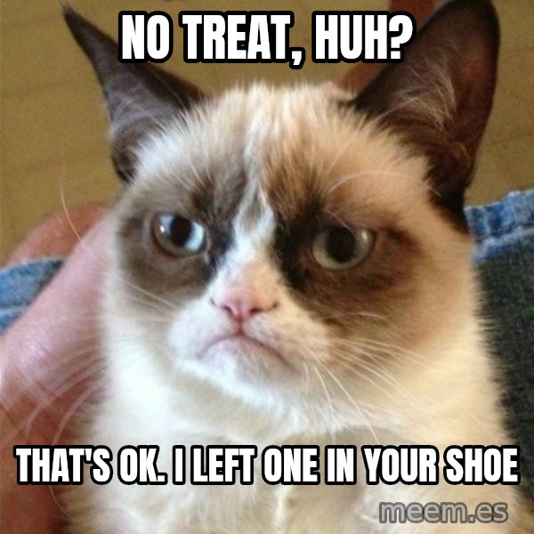 Grumpy Cat  meme: NO TREAT, HUH? / THAT'S OK. I LEFT ONE IN YOUR SHOE