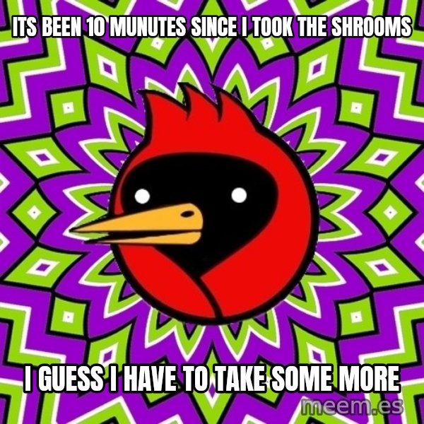 Omsk Crow meme: its been 10 munutes since i took the shrooms / i guess i have to take some more