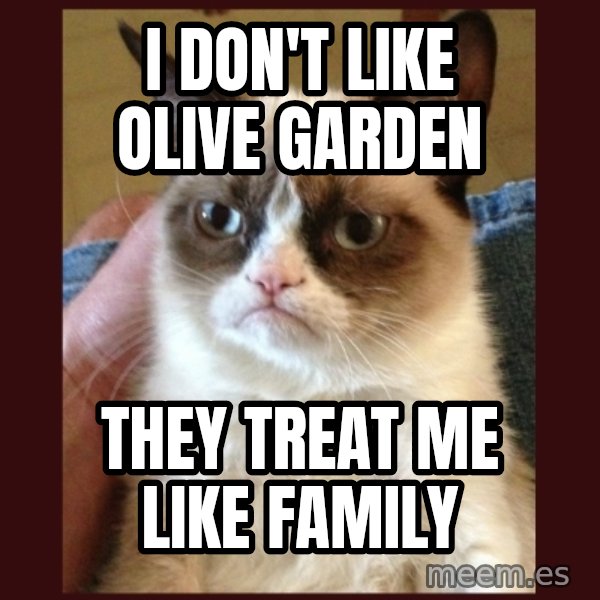 Grumpy Cat  meme: I don't like olive garden / They treat me like family