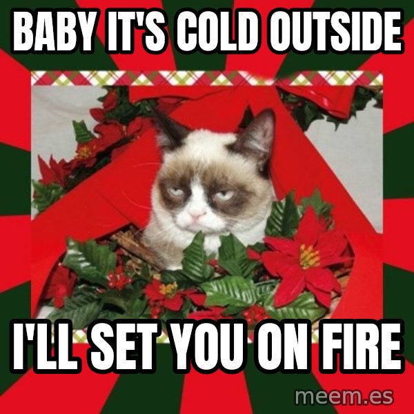 GRUMPY CAT ON CHRISTMAS meme: baby it's cold outside / I'll set you on fire