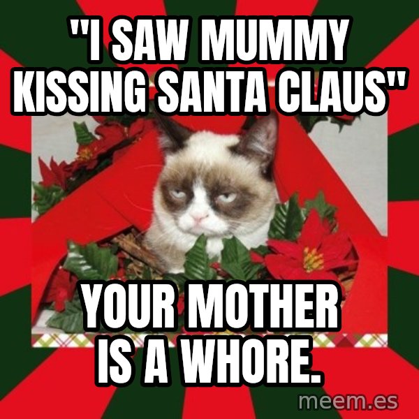 GRUMPY CAT ON CHRISTMAS meme: "I saw mUmmy kissing Santa Claus" / your mother is a whore.