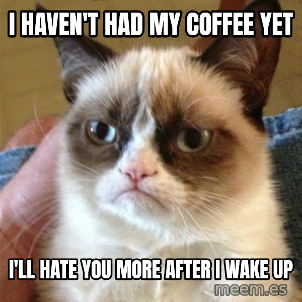 Grumpy Cat  meme: i haven't had my coffee yet / i'll hate you more after I wake up