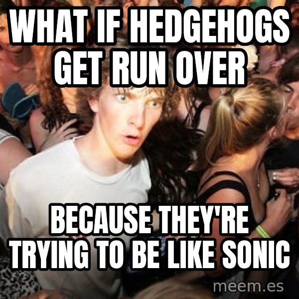 Sudden Realization Ralph meme: what if hedgehogs get run over / because they're trying to be like sonic