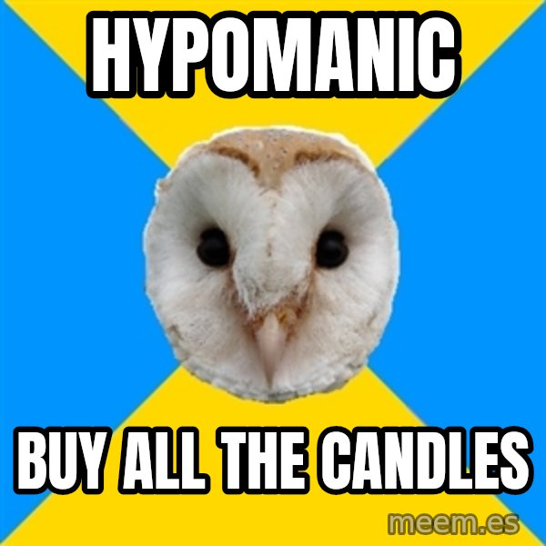 Bipolar Owl meme: HYPOMANIC / BUY ALL THE CANDLES