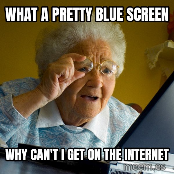 Internet Grandma Surprise meme: What a pretty blue screen / why can't i get on the internet