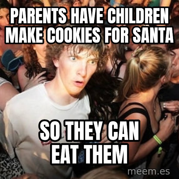 Sudden Realization Ralph meme: Parents have children make cookies for santa / So they can eat them
