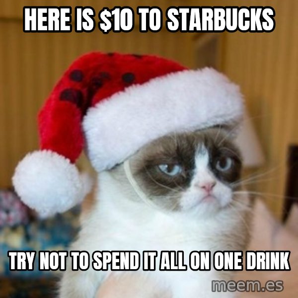 Grumpy Cat Santa Hat meme: Here is $10 to Starbucks / Try not to spend it all on one drink