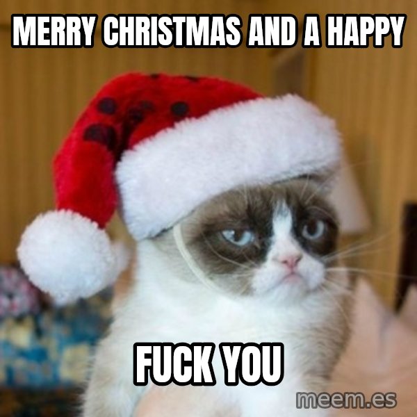 Grumpy Cat Santa Hat meme: merry christmas and a happy / fuck you