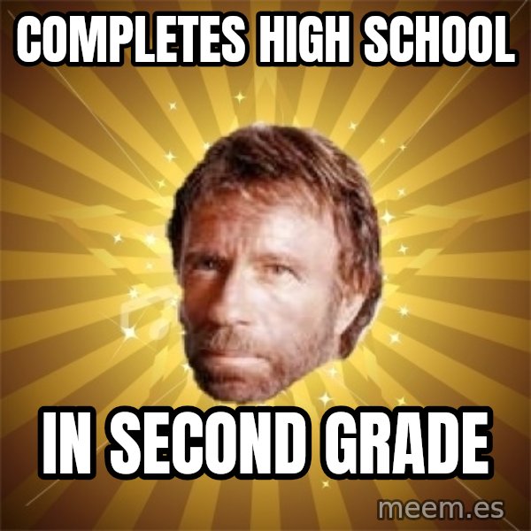Chuck Norris Advice meme: completes high school / in second grade