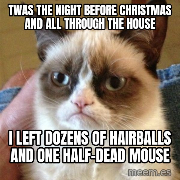 Grumpy Cat  meme: twas the night before christmas and all through the house / i left dozens of hairballs and one half-dead mouse