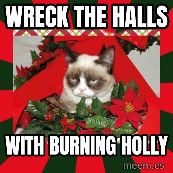 GRUMPY CAT ON CHRISTMAS meme: Wreck the halls / with burning holly