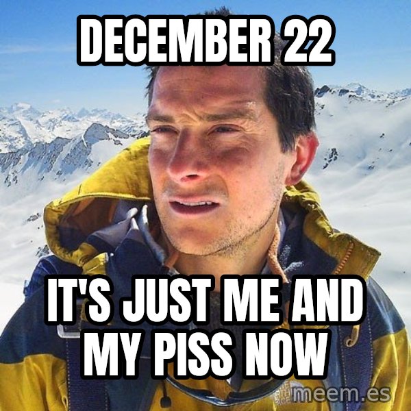 Bear Grylls Loneliness meme: december 22 / it's just me and my piss now