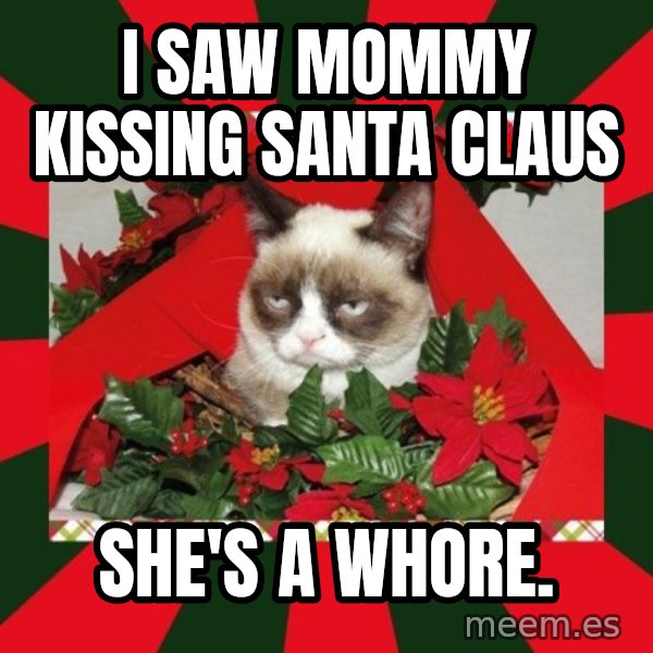 GRUMPY CAT ON CHRISTMAS meme: i saw mommy kissing santa claus / she's a whore.