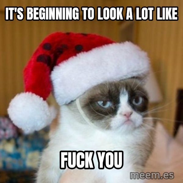 Grumpy Cat Santa Hat meme: IT'S BEGINNING TO LOOK A LOT LIKE / FUCK YOU
