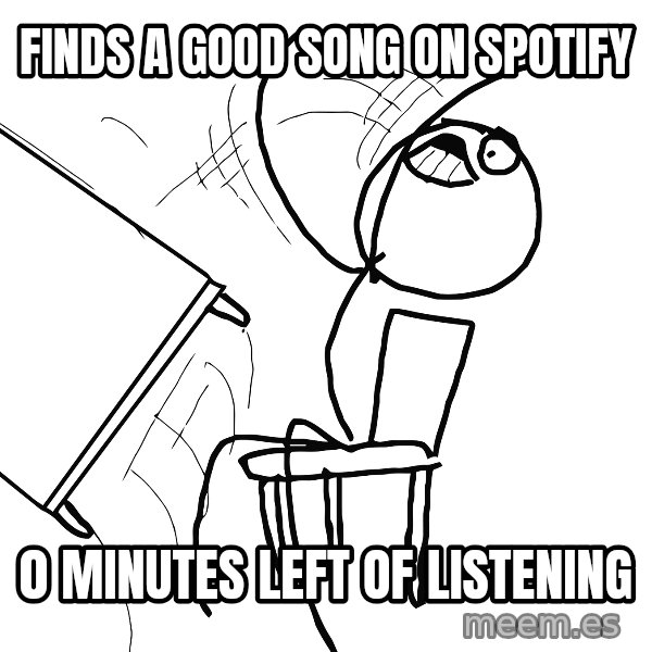 Desk Flip Rage Guy meme: Finds a good song on spotify / 0 minutes left of listening