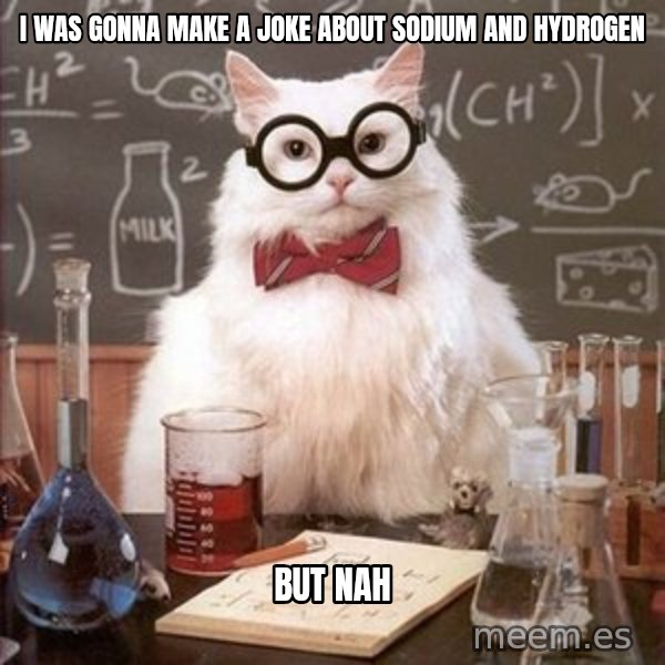 Chemistry Cat meme: I was gonna make a joke about Sodium and Hydrogen / But nah