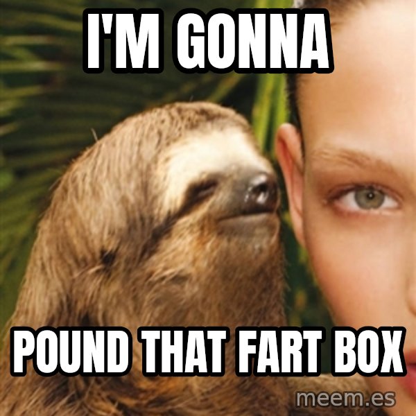 The Rape Sloth meme: I'm gonna / Pound that fart box