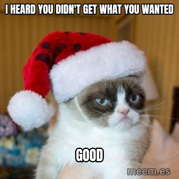 Grumpy Cat Santa Hat meme: I heard you didn't get what you wanted / Good