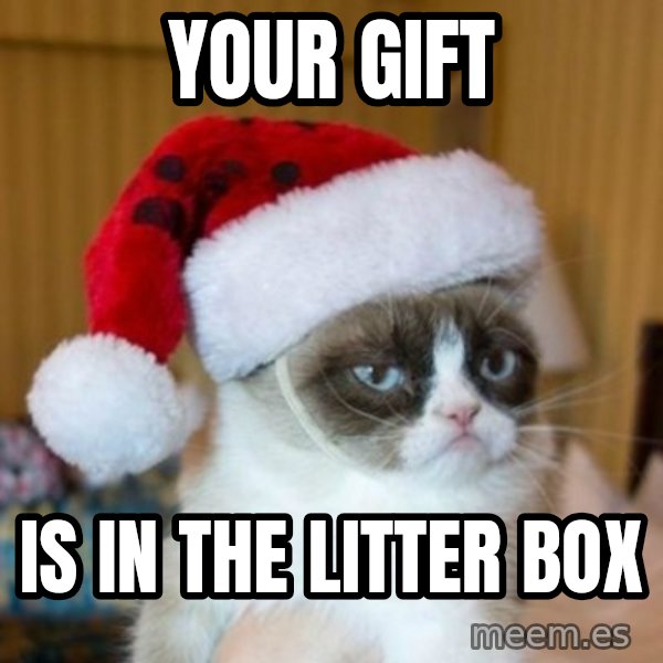 Grumpy Cat Santa Hat meme: Your gift / is in the litter box