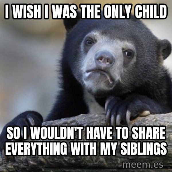 Confession Bear meme: I WISH I WAS THE ONLY CHILD / SO I WOULDN'T HAVE TO SHARE EVERYTHING WITH MY SIBLINGS