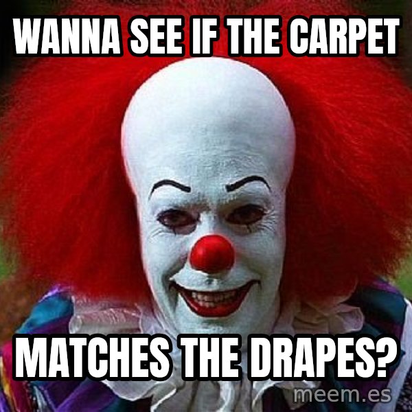 Pennywise the Clown meme: Wanna see if the Carpet / Matches the Drapes?