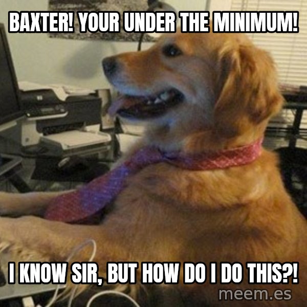 I have no idea what I'm doing - Dog with Tie meme: BAXTER! YOUR UNDER THE MINIMUM! / I KNOW SIR, BUT HOW DO I DO THIS?!