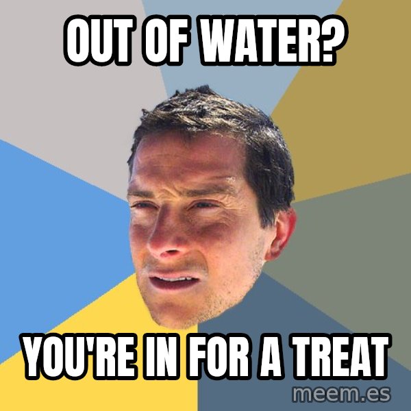 Bear Grylls meme: out of water? / you're in for a treat